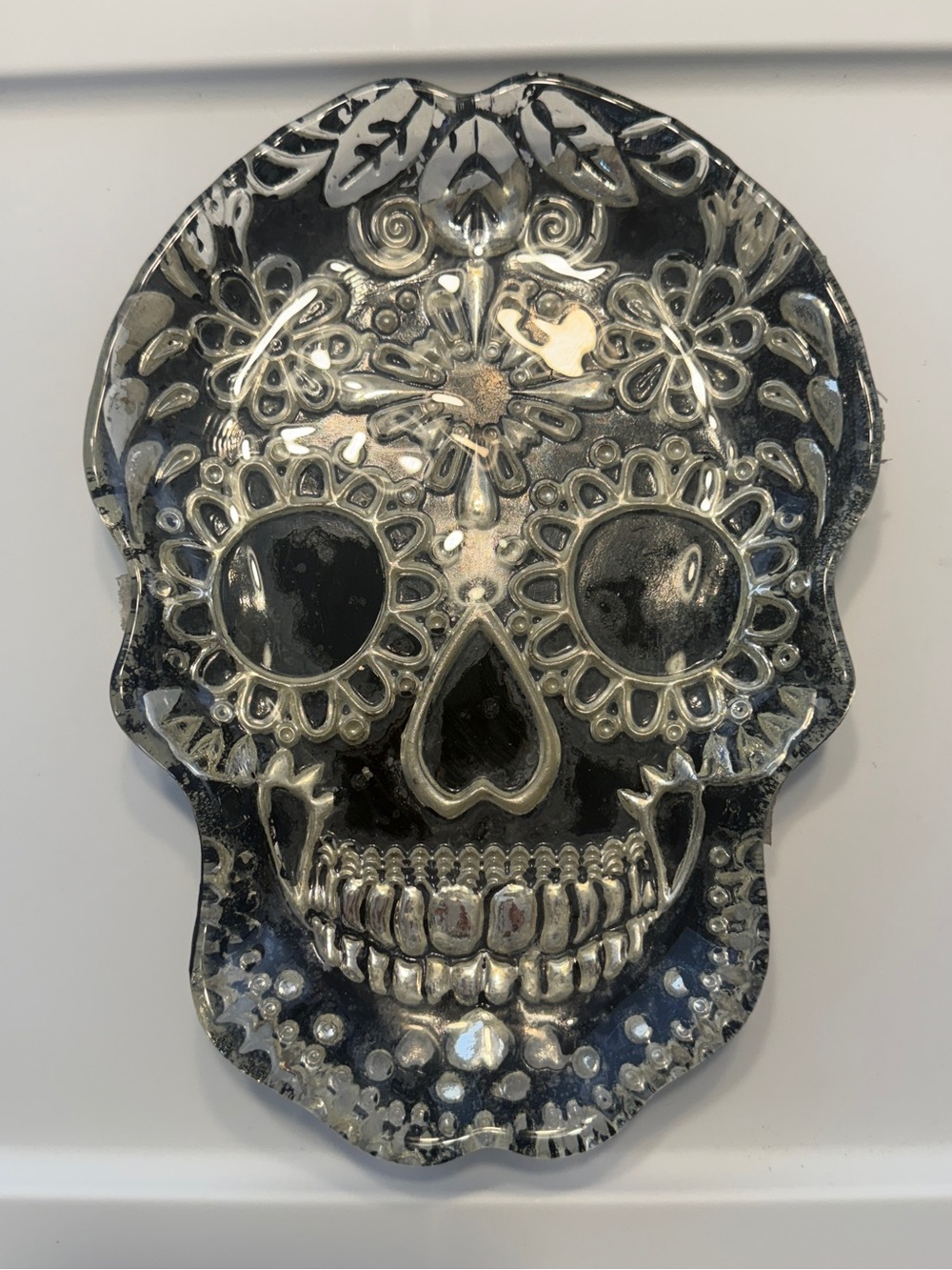Decorative Silver and Black Sugar Skull Halloween Glass Platter-READ